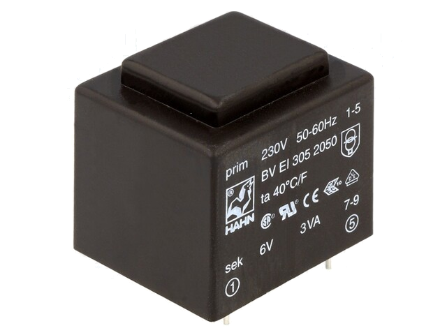 Transformator: ingegoten; 3VA; 230VAC; 6V; 500mA; PCB; BVEI Transformator: ingegoten; 3VA; 230VAC; 6V; 500mA; PCB; BVEI
